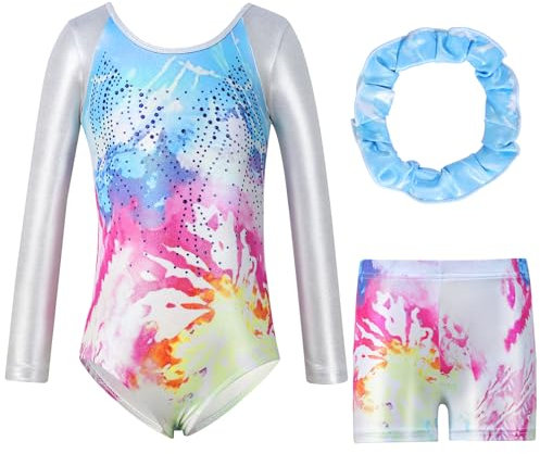 Hovershoes Gymnastikanzug für Mädchen, langärmlig/ärmellos, Gymnastik, glitzernd, mit Shorts und Stirnband, Ballett, athletisches Outfit, N, für Kinder von 11-12 Jahren