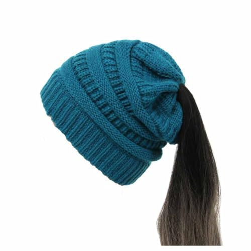 SHTGOI Pferdeschwanz Mütze Wolle Strickmütze Weiche Stretch Wintermütze mit Loop Zöpfen Loch Slouch Beanie Mütze Grobstrick Häkelmütze Warme Hut für Damen und Mädchen mit Langen Haaren Pfauenblau