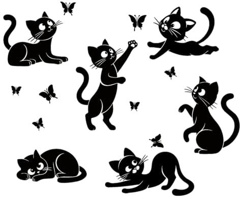 Wandtattoo, Motiv: verspielte Katze und Schmetterling, humorvolle Katze, dynamisches Katzendekor, Schwarz