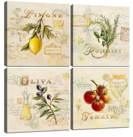 Obst-Wandkunst für Küche, Zitrone, Rosmarin, Oliva, Tomate, Wanddekoration, Retro-Leinwandbilder, abstraktes gerahmtes Kunstwerk, moderner Druck, Gemälde für Esszimmer, Zuhause, Wanddekoration, 25,4 x