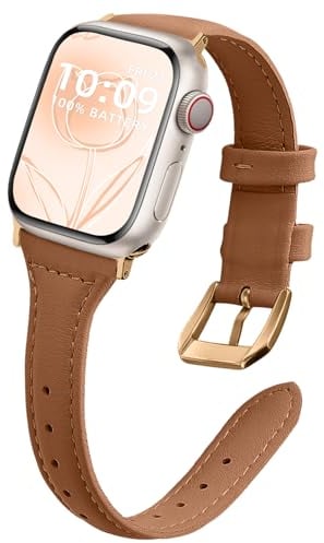 WoPail Leder Armband Damen für Apple Watch 42mm 44mm 45mm 46mm 49mm für Apple Watch Series 10/9/8/7/6/5/4/3/2/1/Ultra 2/Ultra Ersatzarmband Schlank Leicht Armbänder für iWatch Series 10 46mm Braun