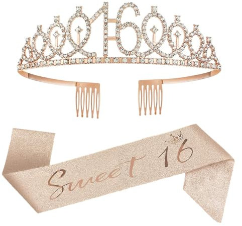 Sweet 16 Schärpe und Strass Tiara Set für Mädchen, rosa Geburtstag Strass Krone 16 & dekorative Satin-Schärpe, süße Geschenke zum 16. Geburtstag für Mädchen Happy 16th Birthday Party Favor Supplies