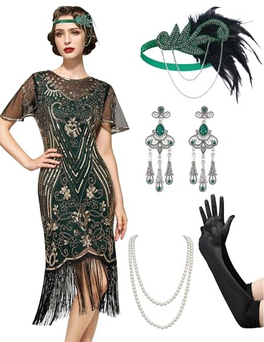 SWEETV 20er Jahre Kostüm Damen, Gatsby Kleid Damen mit 20er Jahre Kleid Accessoires, Charleston Flapper outfit