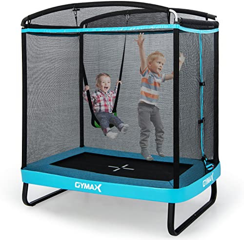 GYMAX 2-en-1 Trampoline Extérieur Enfants avec Balançoire, Grand Trampoline de Jardin pour 2 Enfants 3 Ans+, Filet de Sécurité, Tapis de Saut sans Vide, Patins Antidérapants, 190X122X210CM (Bleu)