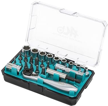 HB Mini 72-Tooth Ratchet Handle 1/4 Inch Drive with Magnetic Bit Holder 25 Piece Socket and Bit Set Reversible Quick Release Chrome Vanadium Steel Portable Case Made in Taiwan AKM027-G