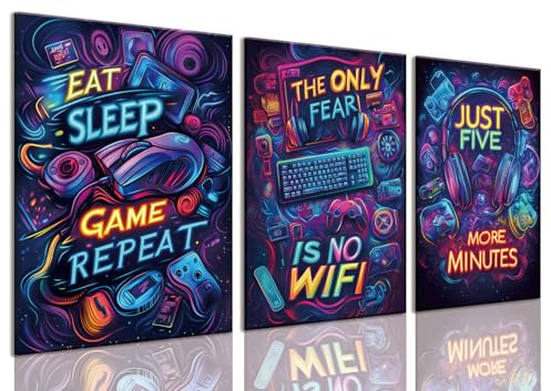 Yolbcdr Neon Gaming Leinwandbild, 40,6 x 61 cm, 3 Stück | Farbenfrohes Gaming-Wanddekor, Neon-Videospiel-Poster-Set, Jungen-Schlafzimmer, Spielzimmer