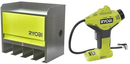 RYOBI - Etagère Murale 430 x 483 x 282 mm - Charge Max. : 150 kg - 1 Porte et 4 emplacements de Rang & Compresseur 18V - jusqu'à 10,3 Bars - Livré avec 3 Embouts de gonflage - R18PI-0