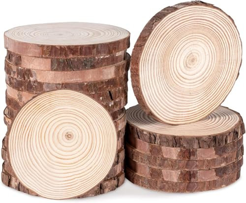 20 Stück Holzscheiben, BetterJonny Rund 10-12cm Holz Log Scheiben Kit mit Loch Unvollendete Holzkreise für DIY, Basteln, Hochzeit, Weihnachten Dekoration