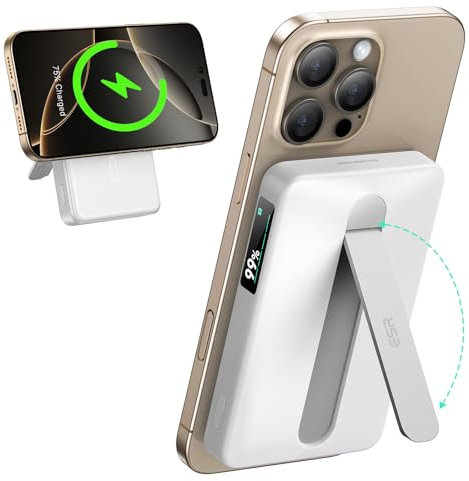 ESR Batería MagSafe Certificada Qi2, Carga Rápida Portátil 10 000 mAh y 15 W con Soporte,Batería Externa con Pantalla LED Inteligente,Cargador MagSafe con Cable USB-C para iPhone 16/15/14/13/12,Blanco