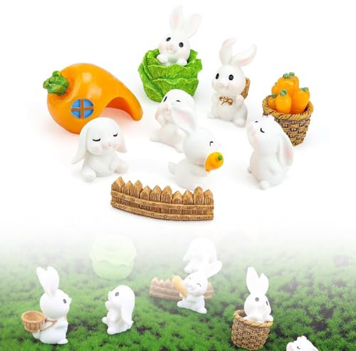 WJUAN 11 Stück Figuren Deko, Weiß Harz, Mini Figuren, Mikrozubehör, Kuscheltier Hase, Geeignet zum Dekorieren von Fenstern, Tischen, Schenken