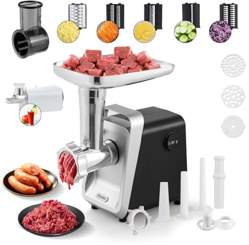 Huanyu Picadora Electrica Rallador de Queso Eléctrico Multifunción Picadora Electrica de Alimentos Con Embutidora de Chorizos Cortadora Eléctrica de Verduras Picadora Electrica Tomate (Negro)