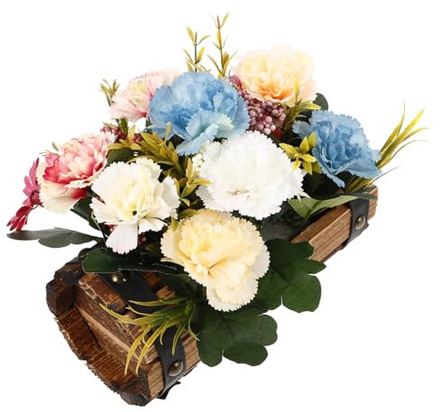 SEWOART Künstliche Nelken Mit Holztopf Fassform Kunstblumen Blumentopf Dekoration Gartenhaus