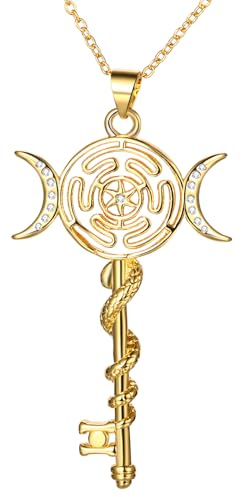Cupimatch Schlüssel Halskette Amulett Schmuck Goldener Mond Anhänger | Dreifacher Mond Göttin, Vintage Edelstahl, Hekate-Rad, Mit Schlangen und Pentagramm, Mystisches Hexen Geschenk