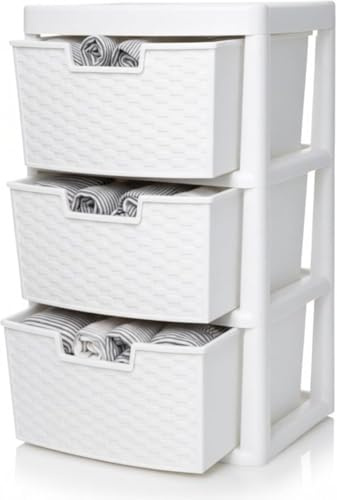 KYY'Z - Large Plastic Rattan Storage Drawers Unit with Deep Pull-Out Baskets - Durable Multipurpose Cabinet Organizer for Home Office, Bedroom, Bathroom, Garage, Utility Room (Rattan White, 3 Tier)