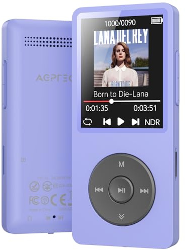 AGPTEK Lettore MP3 32 GB Bluetooth 5.3, 1,8 Pollici | 40 Ore, Lettore Digitale per Bambini, Lettore MP3 con Radio FM, fino a 128 G, (Senza Cuffie), Viola