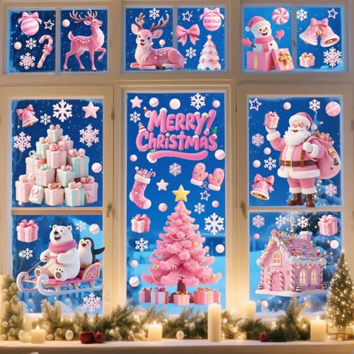 YULOONG 118 piezas de decoración de Navidad rosas para ventana, Papá Noel, árbol de Navidad, copo de nieve, muñeco de nieve, ciervo, calcomanías de doble cara, decoración de ventana, pared, puerta