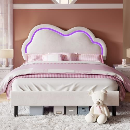 LUXOAK Kinderbett 140x200, Polsterbett mit LED Kopfteil und Stauraum, Weiß | Cloud Design Kopfteil, RGB LED Beleuchtung, App & Fernbedienung, Metallrahmen, 360 kg Belastbarkeit