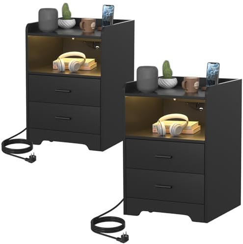 Eikuavons Nachttische 2er Set mit LED-Lichtern, Ladestation(2 AC-Steckdosen, 2 USB-Anschlüsse) 2 Schubladen und 1 offenes Fach Beistelltisch für Wohnzimmer Schlafzimmer Schwarz