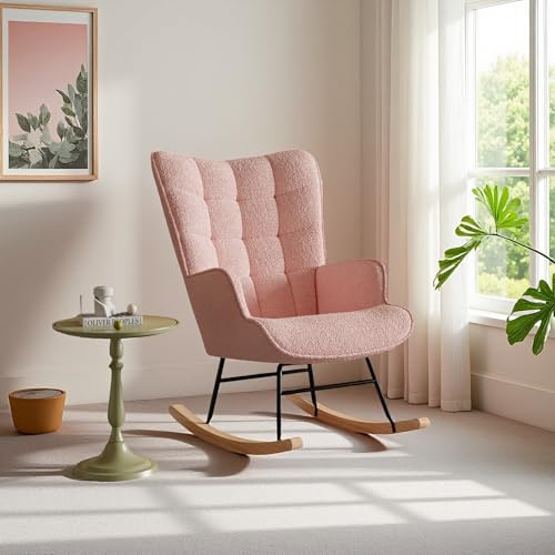 FEEOHOME Schaukelstuhl, Schaukelstuhl, Stillsessel mit Holzbeinen, Schaukelstuhl, Stillstuhl, für Schlafzimmer und Wohnzimmer (Samt Teddy Rosa)