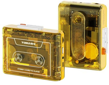 TOMASHI Portable Cassette Player with Bluetooth, Cassette Stereo Player with Type-C Charging, Built-in Battery, Belt Clip, and Earphone Jack for Wireless Music Playback (Yellow Clear)