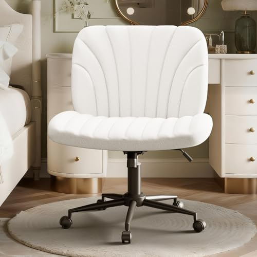 Ferghana Criss Cross Chair，Schneidersitz Stuhl mit Breitem Sitz, Preminum Stoff，Bürostuhl Ohne Armlehne，Höhenverstellbar Drehstuhl，Schreibtischstuhl fur Home，Office,Schminken,Schlafzimmer，Weiß