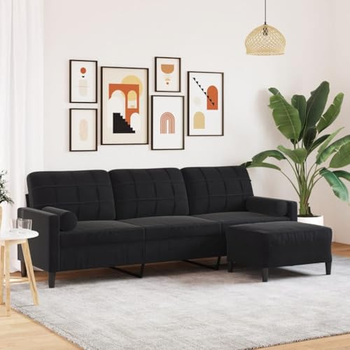 Keeushr Dreisitzer Sitzlandschaft mit integriertem Hocker in Schwarz, 210 cm Breite und samtweicher Bezug für Wohnzimmer und Wohnbereich