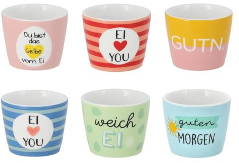Macosa CP47900 6er Set Eierbecher bunt lustig 5 cm Steingut Eierhalter mit Spruch farbenfroh für Frühstück Brunch Ostern Tischdeko Geschenkidee Küche