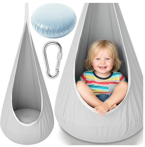 MalPlay Hängesessel für Kinder ab 3 Jahren, Hängekokon mit Kissen - Hängestuhl Indoor & Outdoor Schaukel Kokon, Sitzhängematte, Baumwollmischung, Karabiner, komfortabler Rückzugsort, Grau