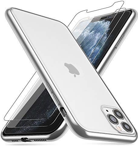 Losvick Case Compatible with iPhone 11 Pro Max, 2x Tempered Glass Screen Protector, Shockproof Plating Bumper Protection Silicone Soft Matte TPU Cover for iPhone 11 Pro Max - 6.5 inch -Silver