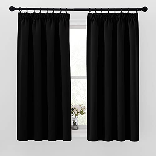 PONY DANCE Schwarze Gardinen mit Kräuselband Blickdicht 2er Set H 145 x B 140 cm Schlafzimmer/Kinderzimmer Vorhänge Verdunkelung Thermovorhang Hitzeschutz Verdunklungsgardine Kurz