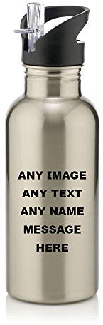Personalised with ANY NAME Stainless Steel 600ml Water Bottle with Straw Sport Drink Bottle Double-Walled Vacuum Reusable Flask Gym Bottle. (Natural Silver)