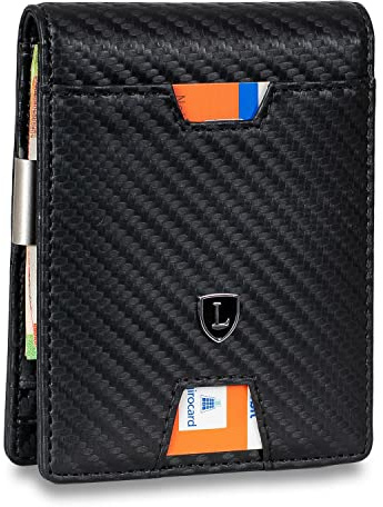 Lederhand® iSlim XL - Carbon Leder Geldbeutel mit Geldklammer und Münzfach, 13 Kartenfach + 1 Sichtfenster Premium Geldbörse - Slim Wallet mit RFID NFC Schutz - Farbe | (Carbon)