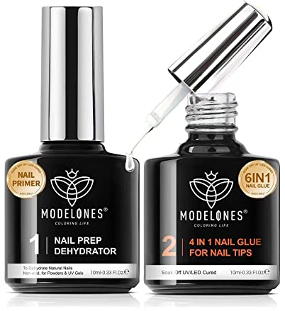 modelones Nagelkleber 6 in 1 und Primer für Gelnägel Set für Kunstnägel,Extra Stark Gel Glue, Für Transparent Fake Nail Tips, Tip Kleber Aushärten UV LED 10ML