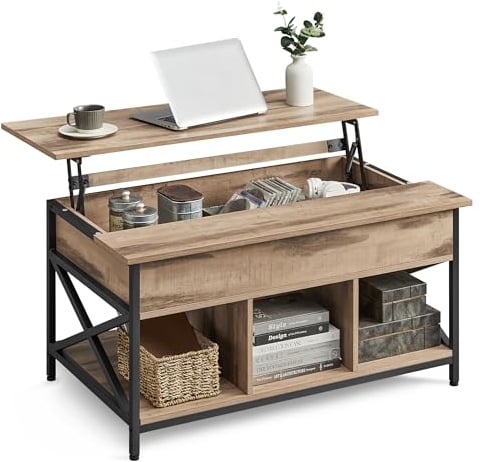 VASAGLE Mesa de Centro, Mesa de Café con Tablero Elevable, para Dormitorio, con Espacio Abierto y Oculto, Barras en Forma de X, 60 x 100 x (48-62) cm, Marrón Roble y Negro LCT205K50
