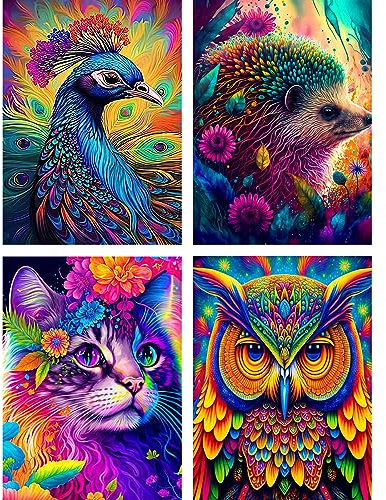NAIMOER 4Packs Tiere Diamond Painting Kits für Erwachsene Kinder, 5D Diamant Painting Bilder, Diamond Painting Blumen Kinder Diamond Malerei Set für Home Dekor 30x40cm(Pfau, Lgel, Katze, Eule)