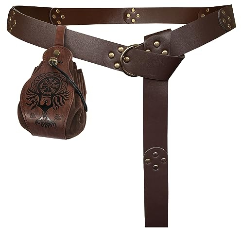 HiiFeuer Mittelalter Nietengürtel mit Tragbarem Phoenix Kordelzugbeutel, Retro Renaissance Kunstleder Gürtel und Geldbeutel Set für LARP (Braun A)