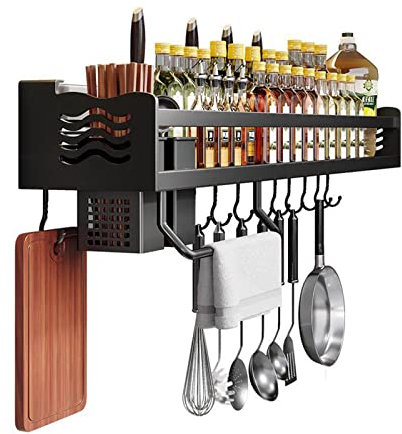 lesulety Etagere A Epices Murale Cuisine Rangement Epices Cuisine Porte Epices Mural Range Epice Etagere Cuisine Sans Percage En Aluminium Avec Porte-Couteau, Crochet,60CM