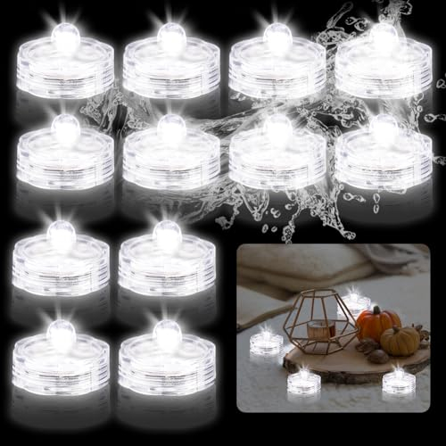 Editbar Flammenlose LED Kerzen Teelichter,12 Stück Mini Unterwasser Licht mit Batteries,Wasserdicht LED Teichbeleuchtung Dekolichter für Teich, Pool,Party, Hochzeit, Garten(kaltes weißes Licht)