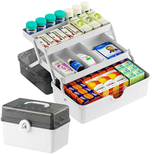 QIGEEKU Scatola Medicinali, Scatola Per Medicina A 3 Livelli, per pronto soccorso, Porta Medicine casa Scatola con Scomparti e Serratura, portatile, Multifunzionale per Gioielli, Farmaci e Cosmetici