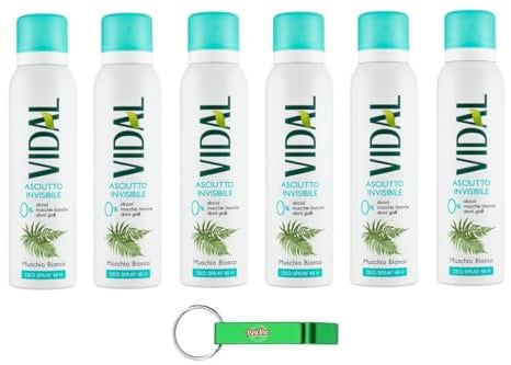 6x Vidal Deodorante Spray - Weißer Moschus 48H Deo-Spray Talk Duft,0% Alkohol, keine Flecken,150ml + Beni Culinari Kostenloser Schlü6sselanhänger