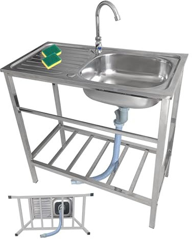 Fregadero Portátil For Exteriores Fregadero De Jardín Con Grifo/banco De Trabajo Fregadero De Cocina De Acero De Un Solo Tazón Fregadero Independiente For Exteriores Con Escurridor 75x40 83x50 100x50(