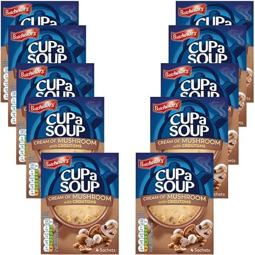Instant Soup Bundle with Batchelors Cup A Soup Cream Of Mushroom with Croutons 96g - 10 Pack | Instant Mushroom Soup with Croutons, Low In Fat and Sugar, Suitable For Vegetarians.
