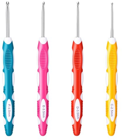 LXUEJIE 4 Stk Häkelnadel Set 4 Größen Häkelnadeln Ergonomische Stricknadeln | 2,5mm 3mm 3,5mm 4mm Metall Häkelnadel Stricknadel mit Bunte Silikongriff Stricken Häkeln für Anfänger und Häkelgarn