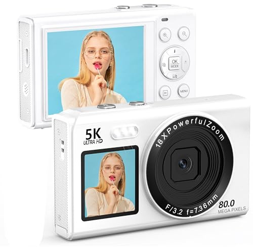 Longyi 5K 80MP Digital Camera Vlogging Photography Camera with WiFi, 18X Digital Zoom, Dual Screen 2.4+1.5 Selfie, Compact Portable Photo Camera, 32G SD Card, As Gift for Beginners & Kids White