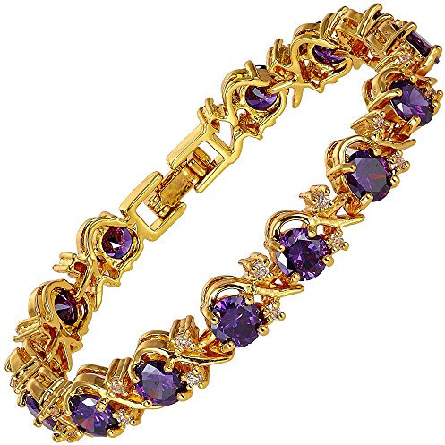 RIVA Blume Tennis Armband [18cm/7inch] mit Rundschliff Edelstein Zirkonia CZ [Lila Amethyst] in 18K Gelbgold Vergoldet, Einfache Moderne Eleganz