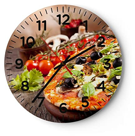 Modern Wanduhr Pizza Essen Italien Tradition 30x30cm Rund Klein Wand Uhr Glas Analog Zimmeruhren Küche Büro Wohnzimmer Glasuhr Wall Clock Dekoration Design Wanddekoration Küchenuhr C4AR30x30-2791