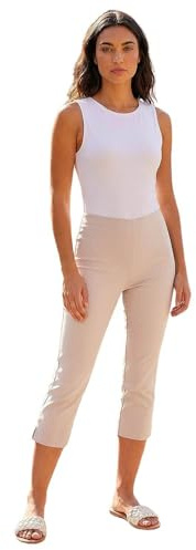 Roman Cropped Trousers for Women UK Ladies Capri Leggings Summer Pants Short Crop Stretch 3/4 Length Three Quarter Pedal Pusher Clothes Elasticated Bengaline Cut Off - Stone - Size 14