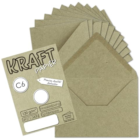 75x Kraftpapier Umschläge DIN C6 Grau/Grün - 11,4 x 16,2 cm ohne Fenster - Vintage Briefumschläge mit Nassklebung Spitzklappe - NEUSER PAPIER