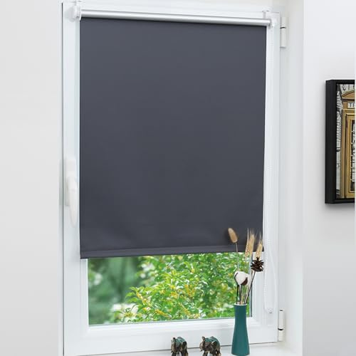 Grandekor Verdunklungsrollo ohne Bohren 115 x 150cm (Stoffbreite 115cm) | Dunkelgrau Klemmrollo Thermorollo mit Hitzeschutz, Rollos für Fenster Montage mit oder ohne Bohren Sicht-& Sonnenschutz