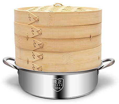 KELUNIS Panier Vapeur en Bambou pour Cuisiner, Cuiseurs À Vapeur Chinois À 3 Niveaux avec Pot Et Couvercle en Acier Inoxydable, Parfait pour Le Riz, Les Légumes, La Viande, Le Poisson Et Les Dim Sum